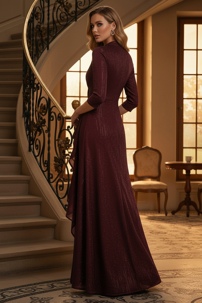 3/4 Sleeve A-Line Evening Gown with Cascading Ruffle