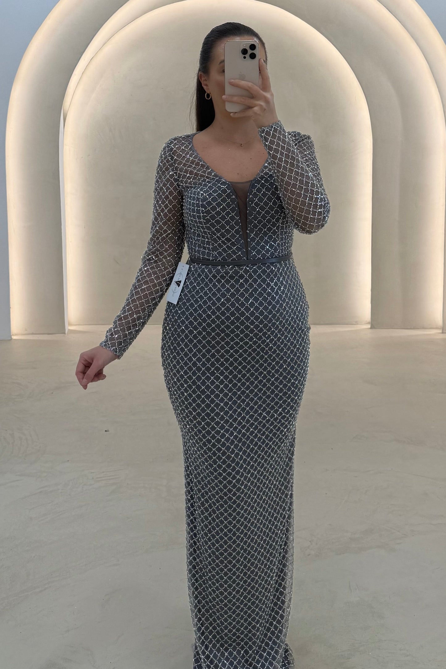 Grid Sparkle Illusion Long Sleeve Evening Gown
