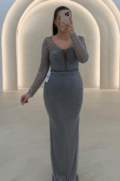 Grid Sparkle Illusion Long Sleeve Evening Gown