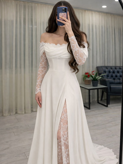 Off-Shoulder Lace Sleeve Wedding Dress