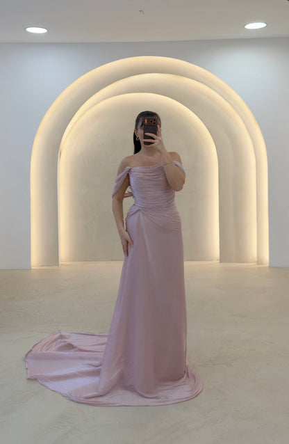Off-the-Shoulder Draped Evening Gown with Corset Back
