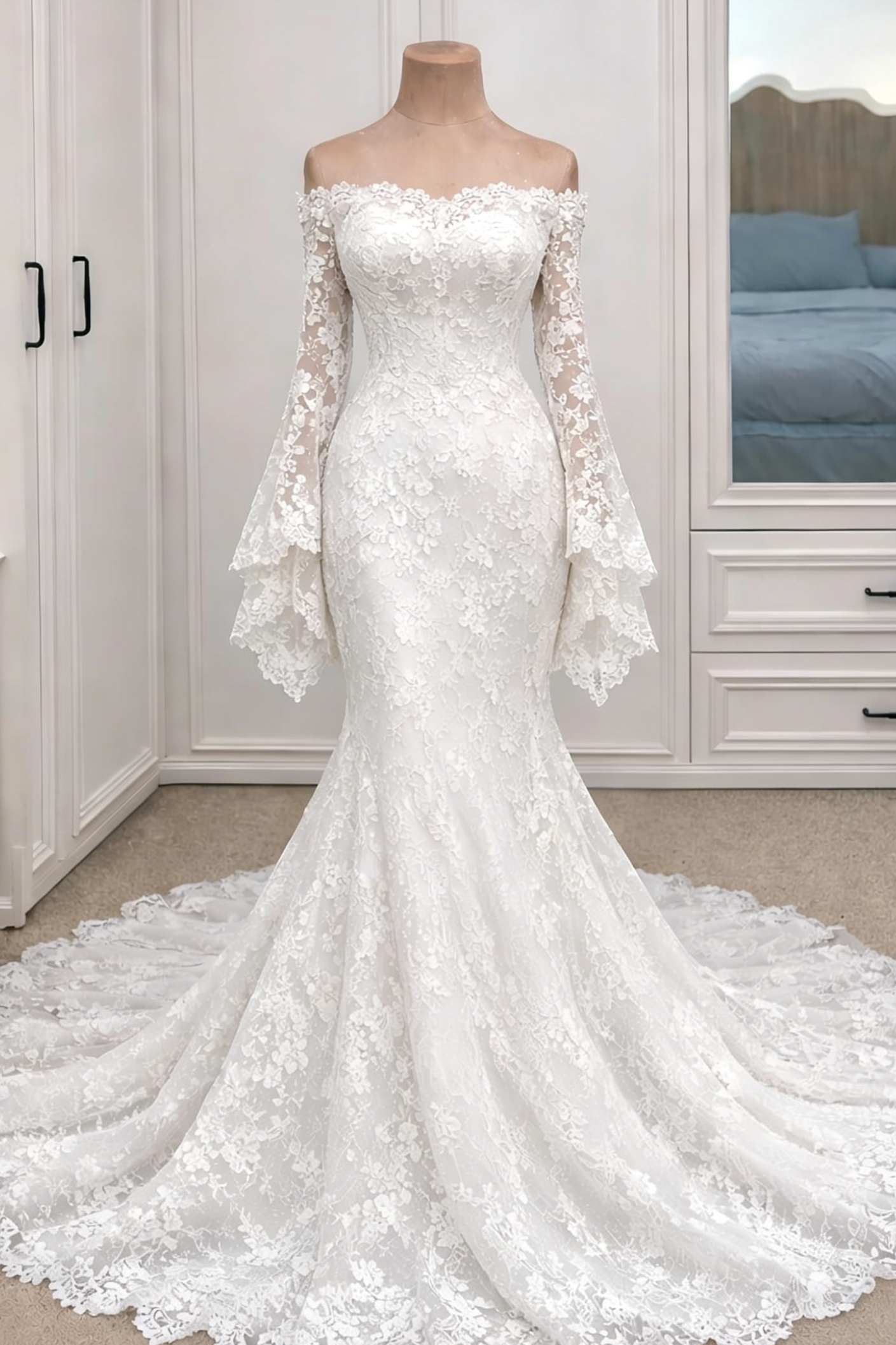 Off-Shoulder Lace Mermaid Gown with Bell Sleeves