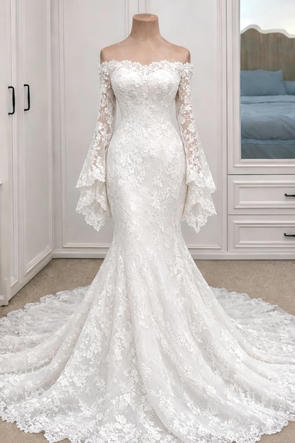 Off-Shoulder Lace Mermaid Gown with Bell Sleeves