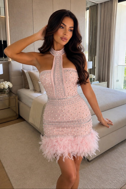 Beaded Halter Mini Dress with Feather Hem