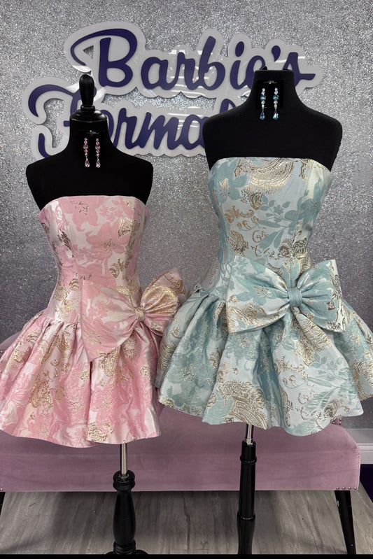 Strapless Jacquard Mini Dress with Oversized Bow