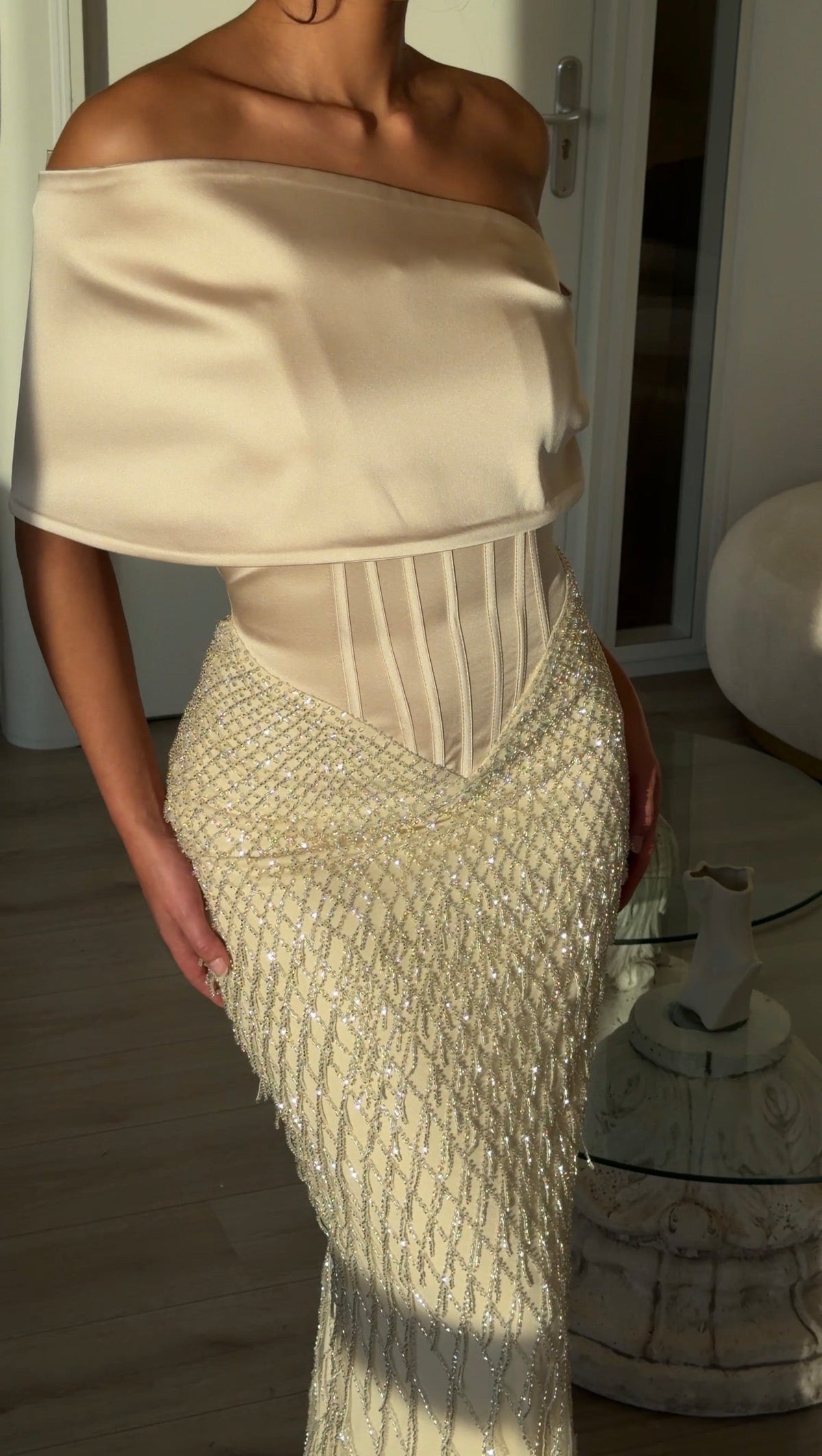Corset Evening Gown with Beaded Fringe Skirt