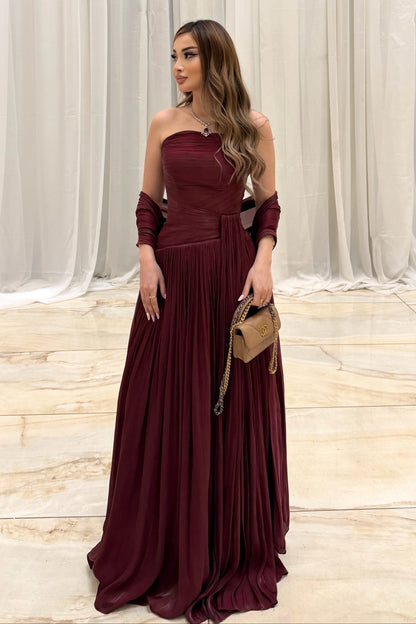 Strapless Pleated Evening Gown with Shawl
