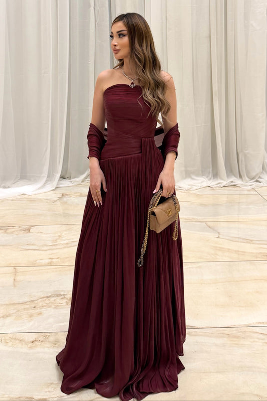 Strapless Pleated Evening Gown with Shawl