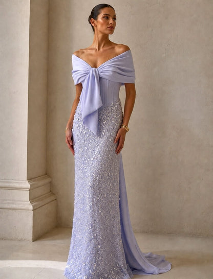 Beaded Off-the-Shoulder Corset Column Gown