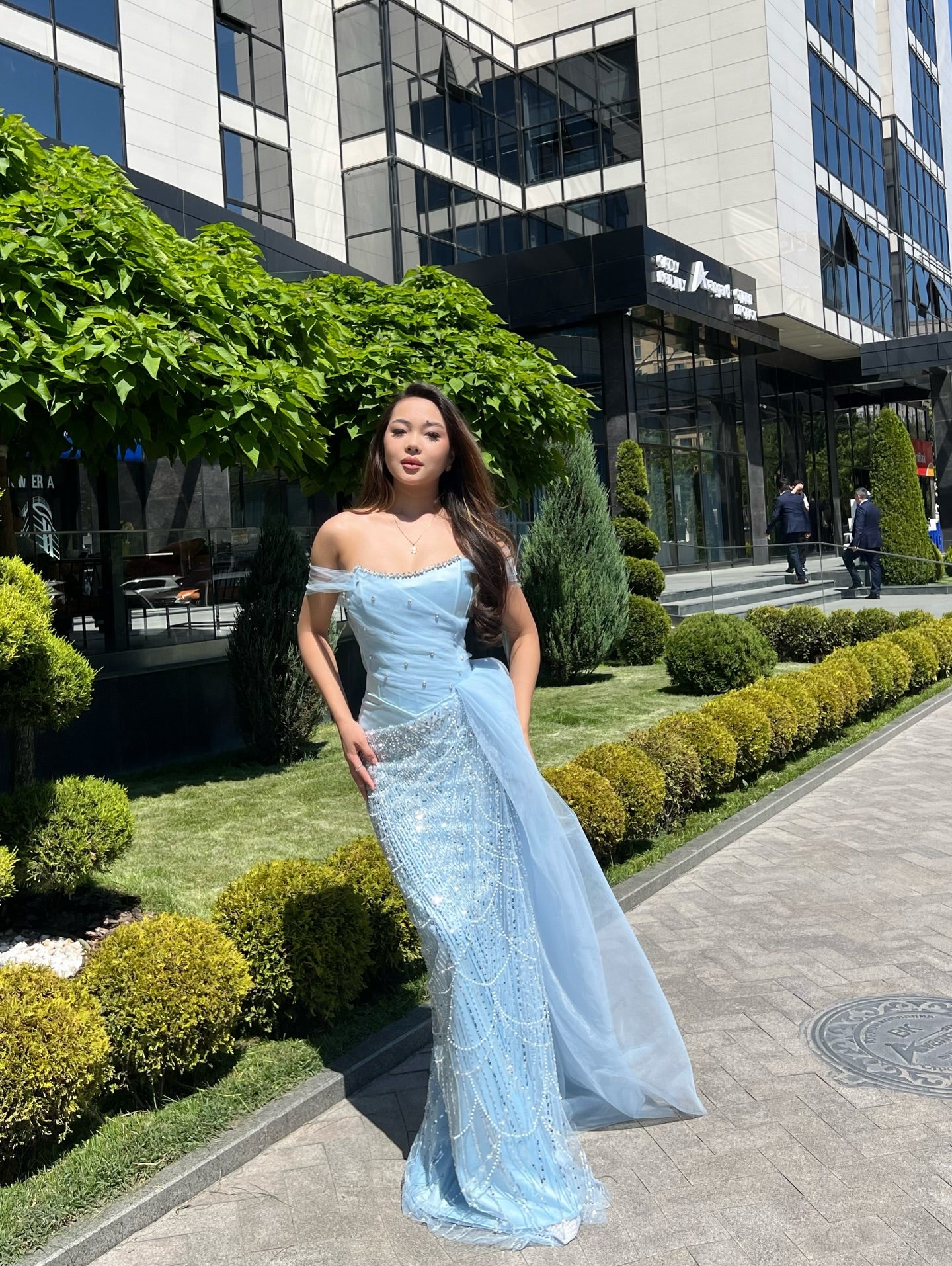 Off-the-Shoulder Beaded Corset Gown with Side Drape