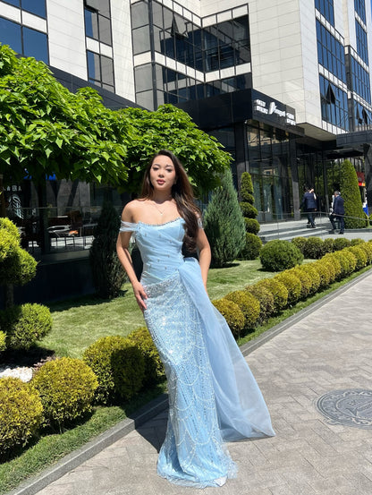 Off-the-Shoulder Beaded Corset Gown with Side Drape