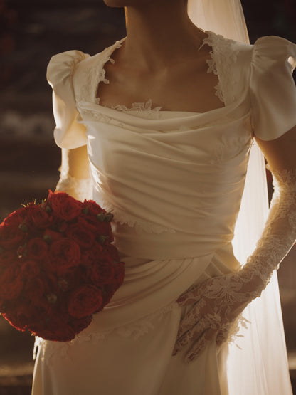 Draped Satin Wedding Dress with Lace Trims