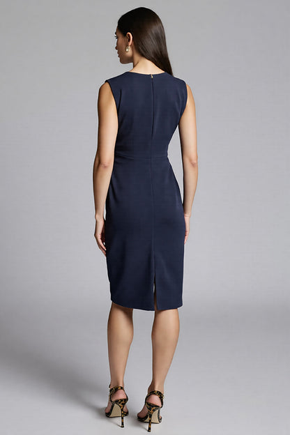 Sleeveless V-Neck Draped Midi Sheath Dress