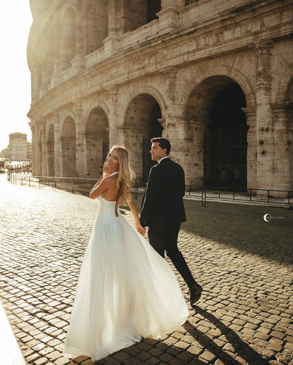 Deep V-Neck Halter A-Line Wedding Dress with Corset Back