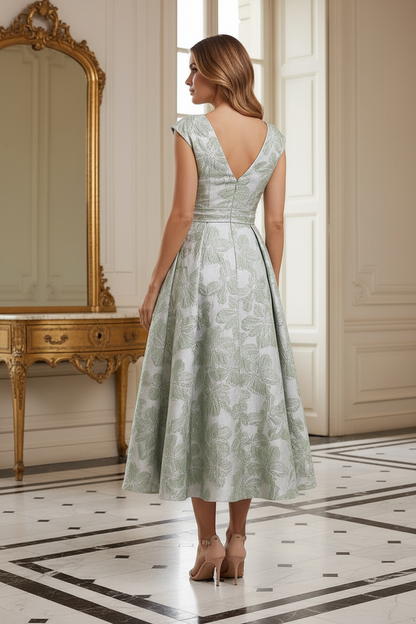 Floral Jacquard Midi Dress with Pleated Bodice