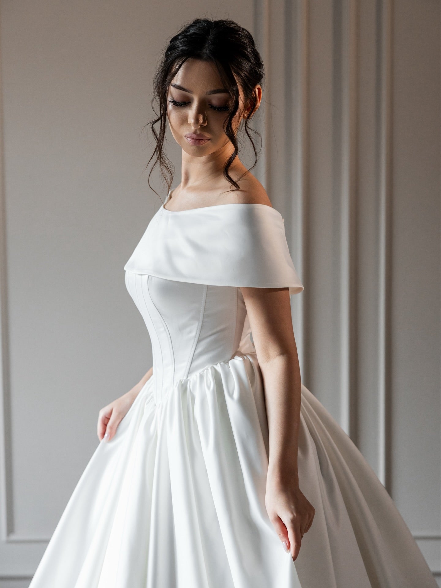 Off-the-Shoulder Satin Ball Gown Wedding Dress