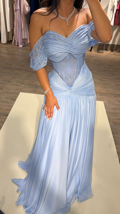 Off-the-Shoulder Corset Gown with Pleated Bodice
