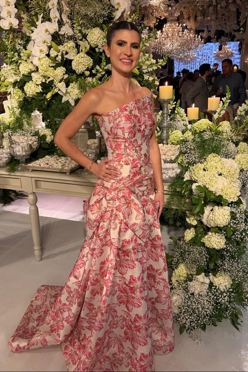 One-Shoulder Floral Brocade Evening Gown