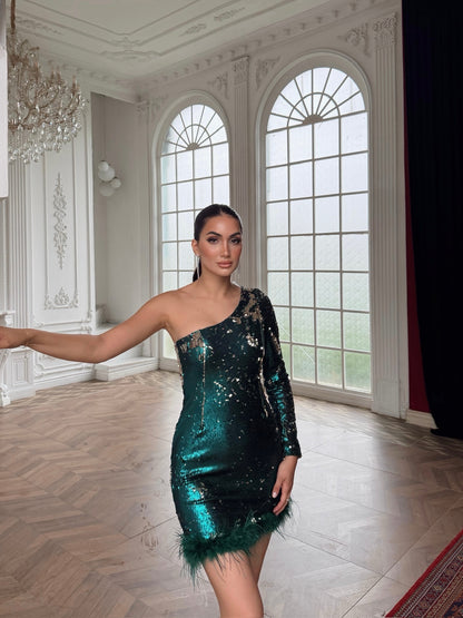 One-Shoulder Sequin Mini Dress with Feather Trim