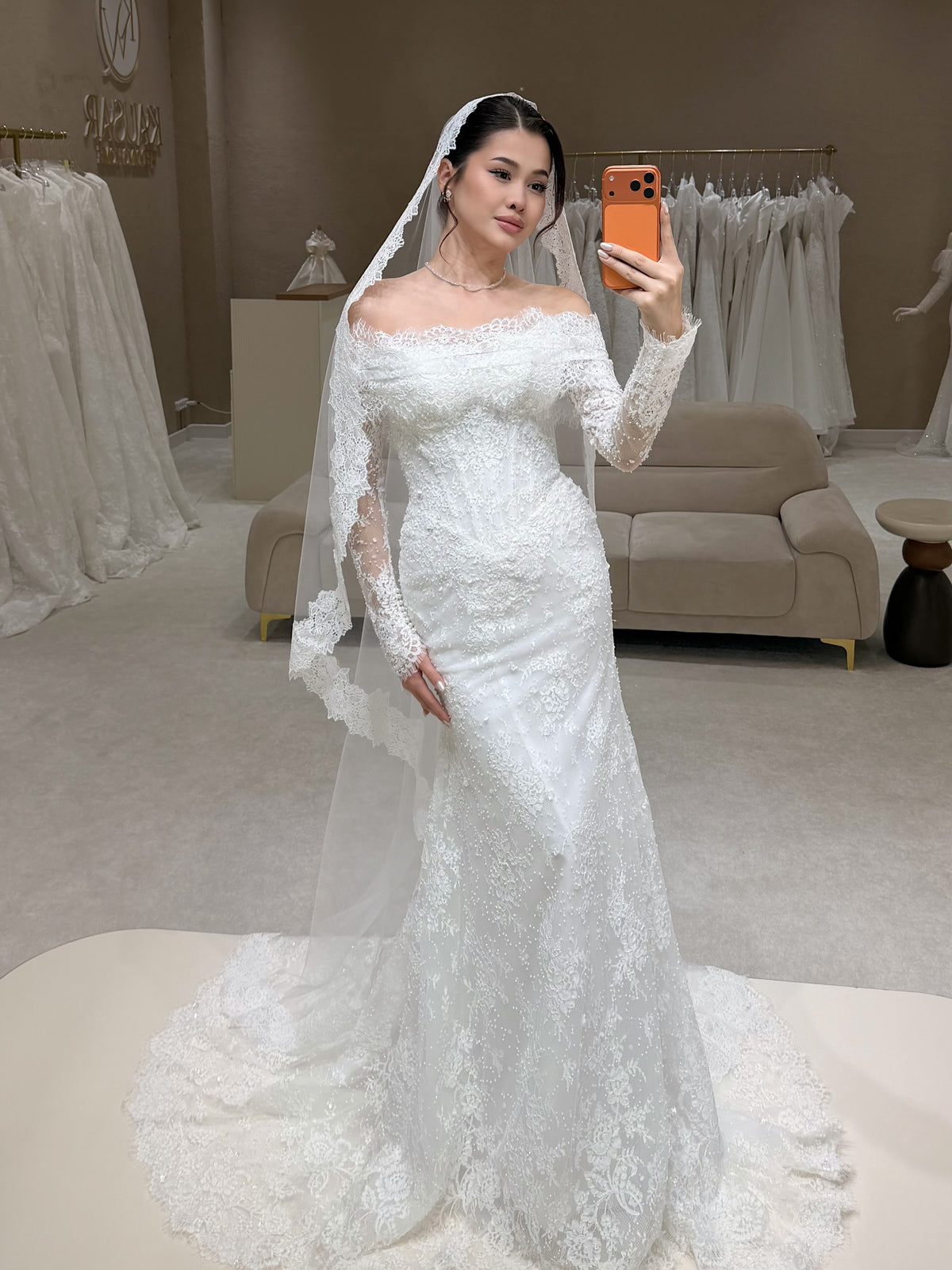Off-the-Shoulder Lace Wedding Dress with Overskirt