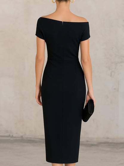 Off-the-Shoulder Draped Midi Sheath Dress