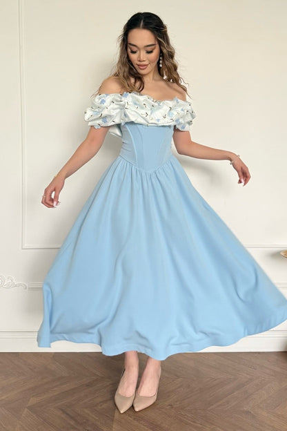 Off-the-Shoulder Corset Midi Dress with Floral Ruffle