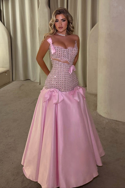 Drop Waist Crystal Bodice Bow Detail Evening Gown