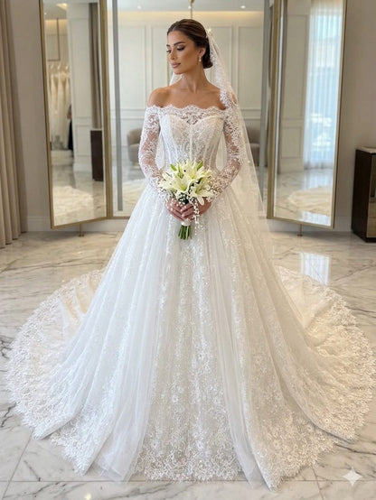 Off-the-Shoulder Lace Long Sleeve Ball Gown