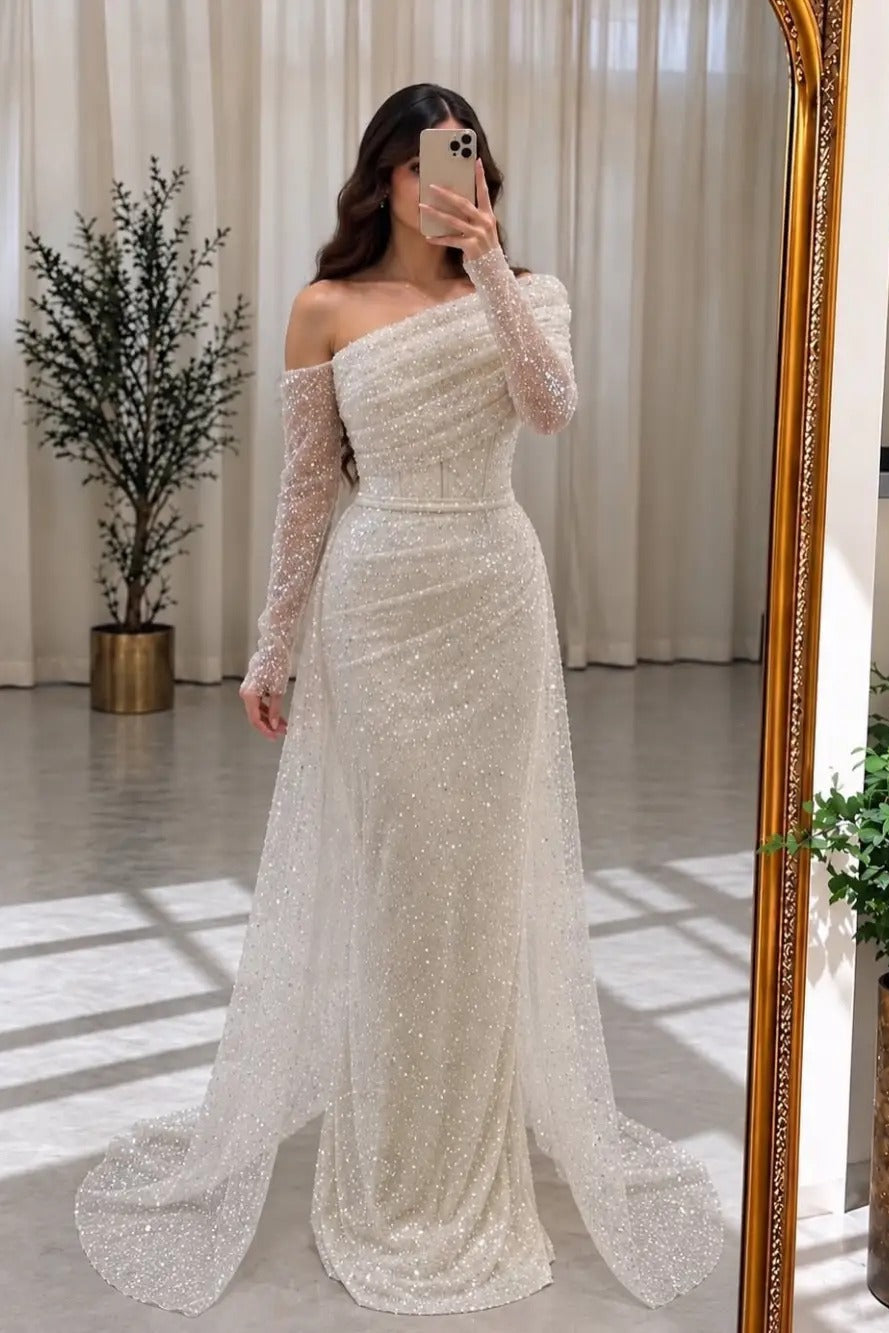 Sequined Asymmetrical Gown with Side Train