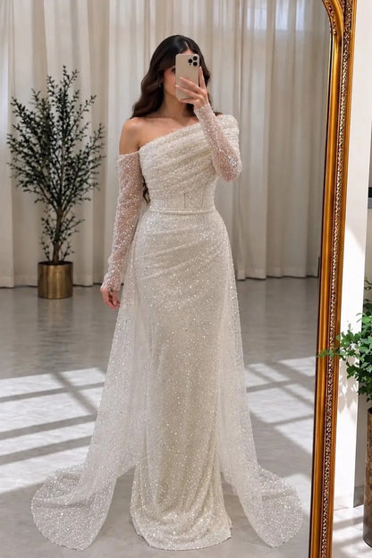 Sequined Asymmetrical Gown with Side Train