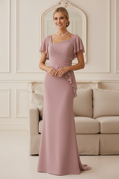 Flutter Sleeve Mermaid Evening Gown with Beaded Trim
