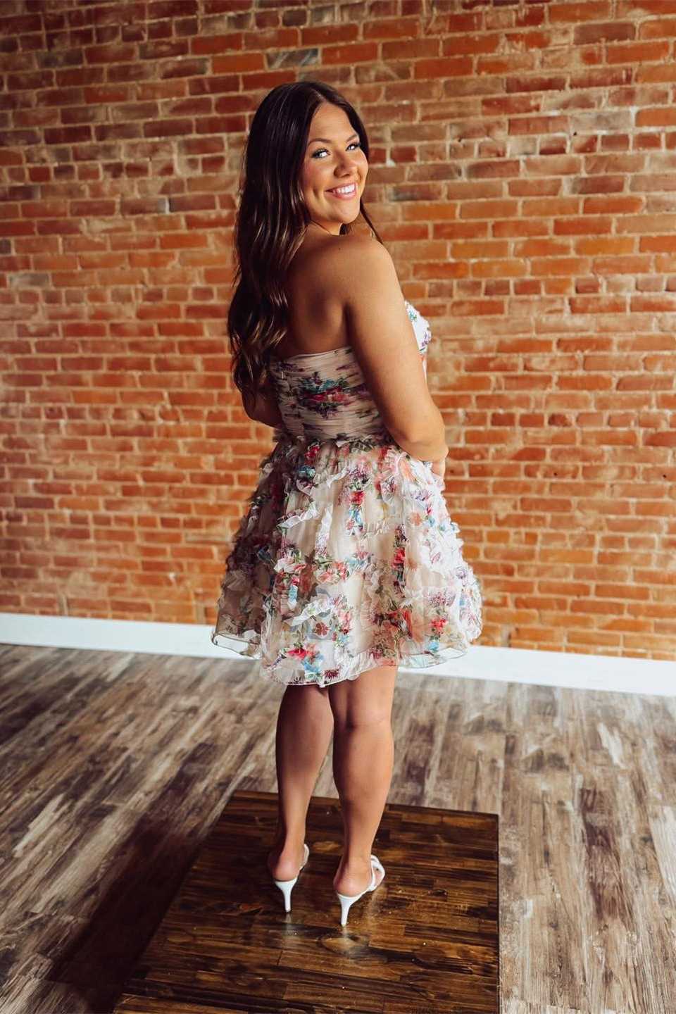 Floral Applique Strapless Ruffled Mini Dress