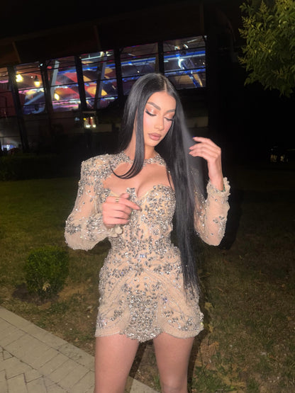 Rhinestone Embellished Cut-Out Mini Dress