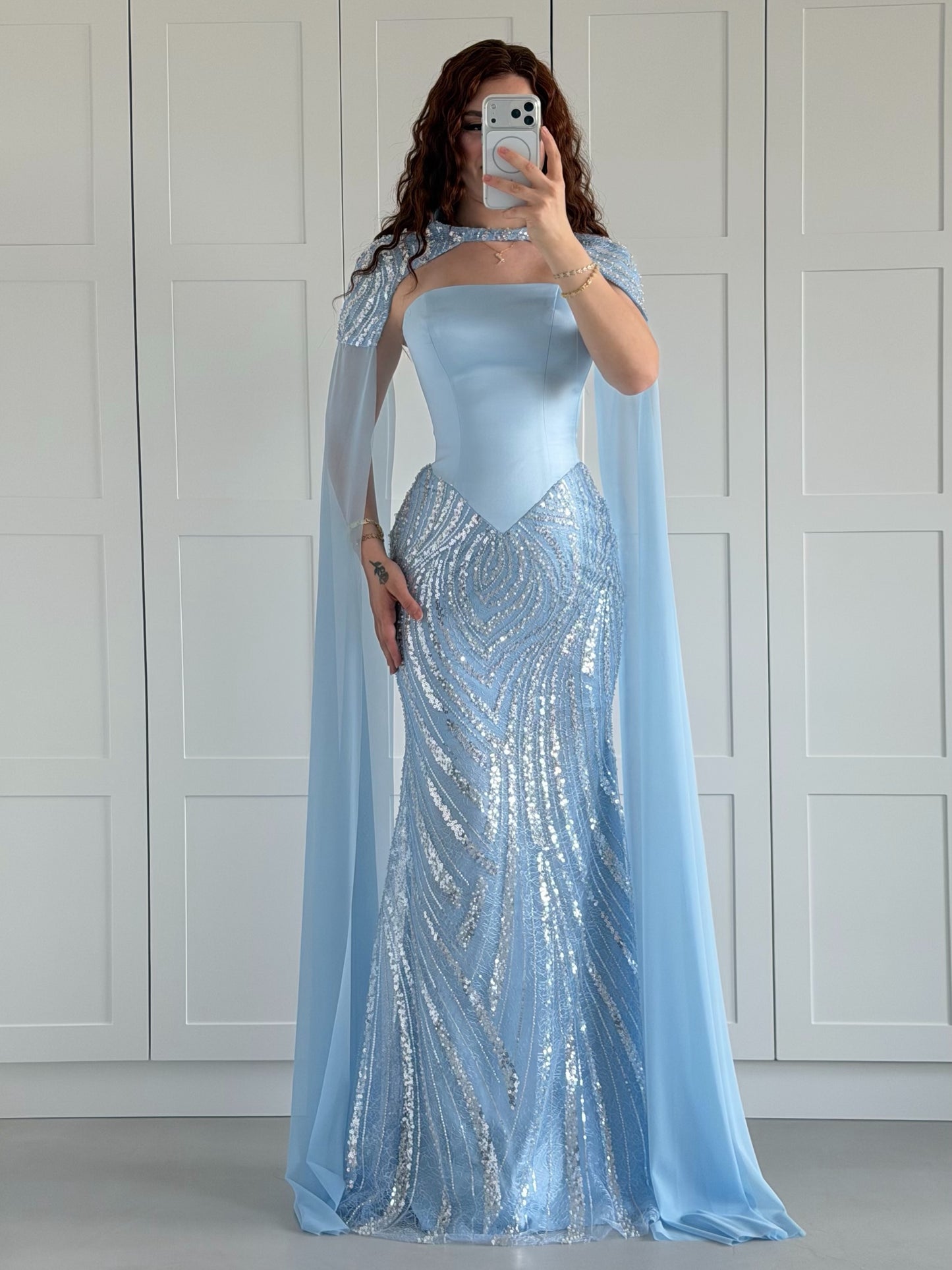Sequin Mermaid Gown with Chiffon Cape Sleeves