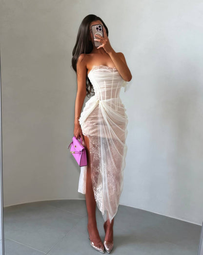 Strapless Lace Corset Midi Dress with Side Draping
