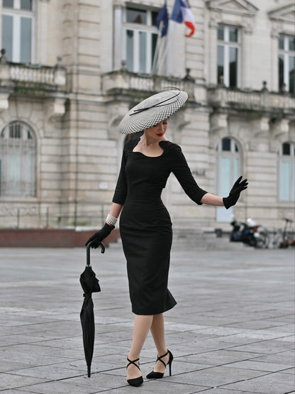 Sculpted Neckline 3/4 Sleeve Midi Sheath Dress
