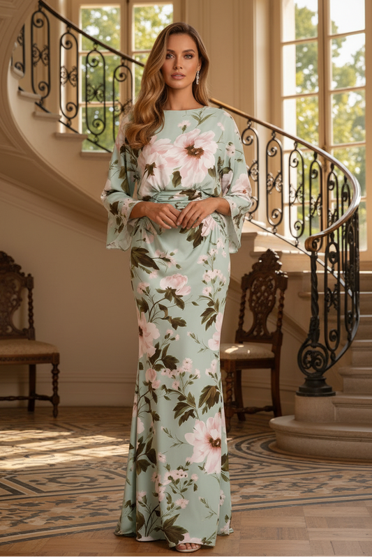 Floral Print Bateau Neck Maxi Dress