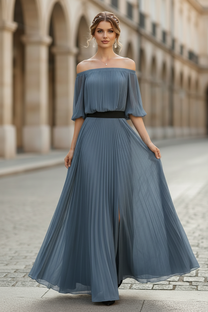 Off Shoulder Pleated Chiffon Maxi Dress with High Slit