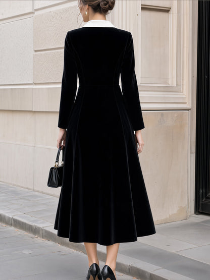 Contrast Collar Velvet Long Sleeve Midi Dress