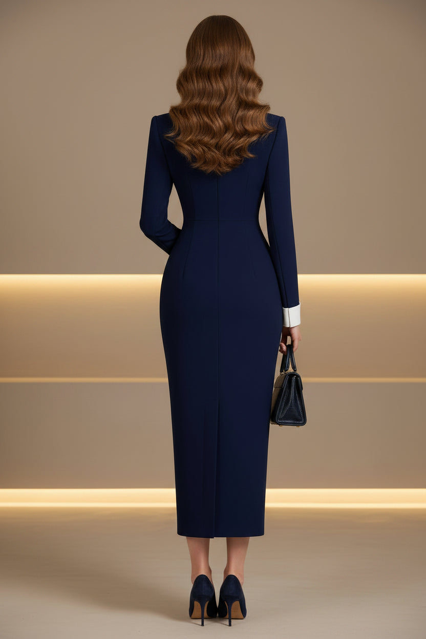 Collared Button-Front Ankle-Length Column Dress
