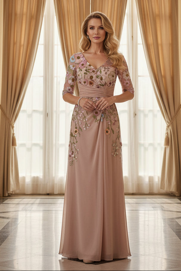 Floral Embroidered Illusion Sleeve Evening Gown