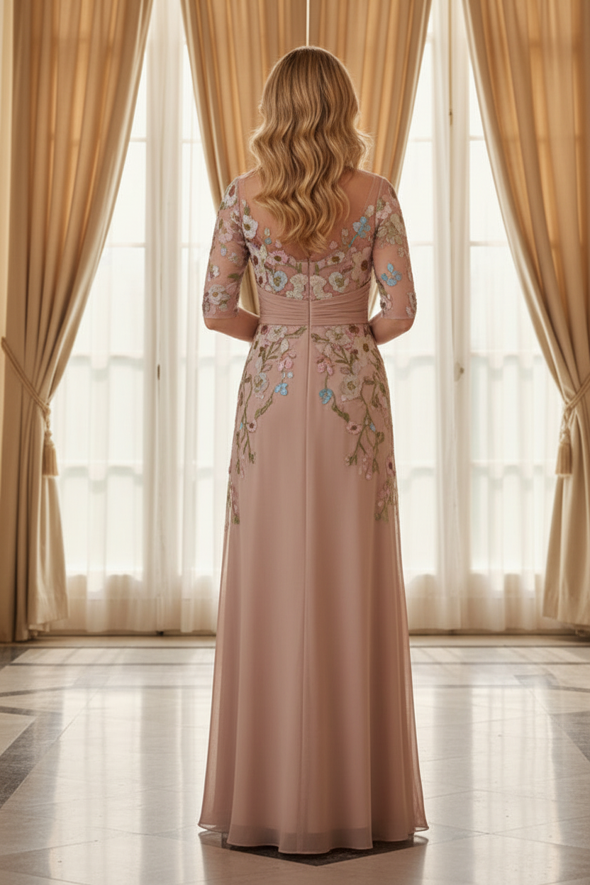 Floral Embroidered Illusion Sleeve Evening Gown