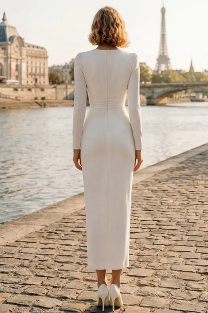 Long Sleeve V-Neck Wrap Midi Dress with Front Slit