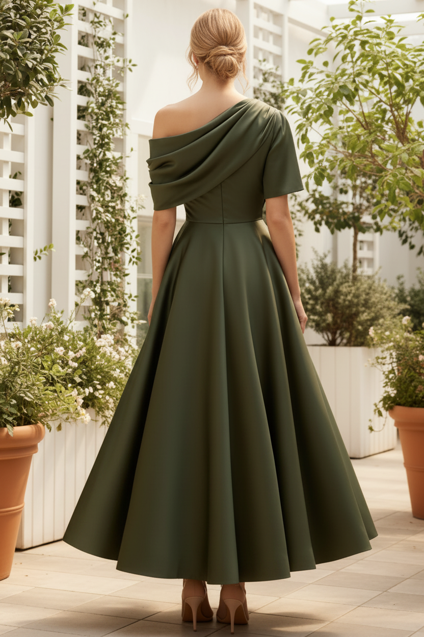 Elegant Olive Green Satin A-Line Mother of the Bride Dress with Cowl Neckline & Pockets
