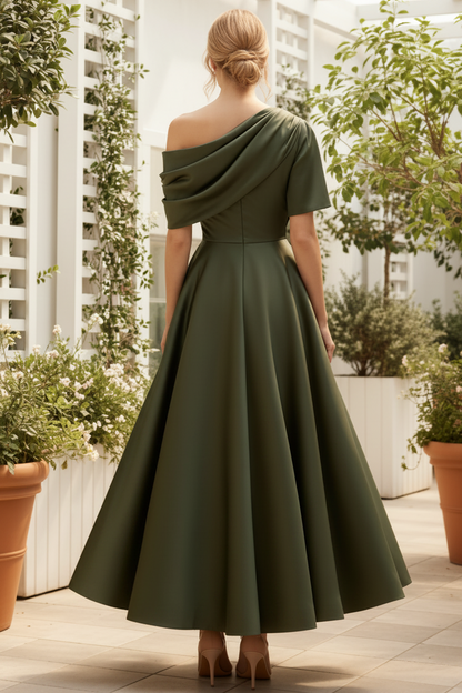 Elegant Olive Green Satin A-Line Mother of the Bride Dress with Cowl Neckline & Pockets