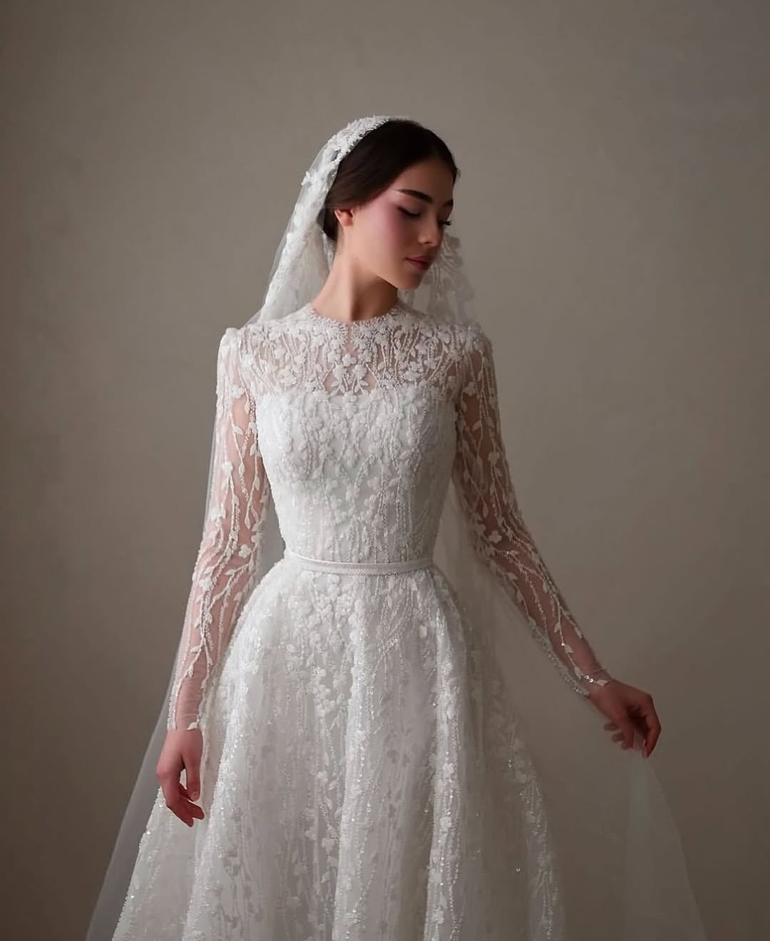 High Neck Lace Sleeve A-Line Wedding Dress