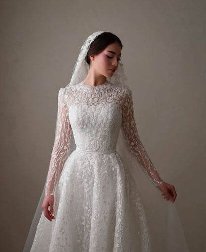 High Neck Lace Sleeve A-Line Wedding Dress