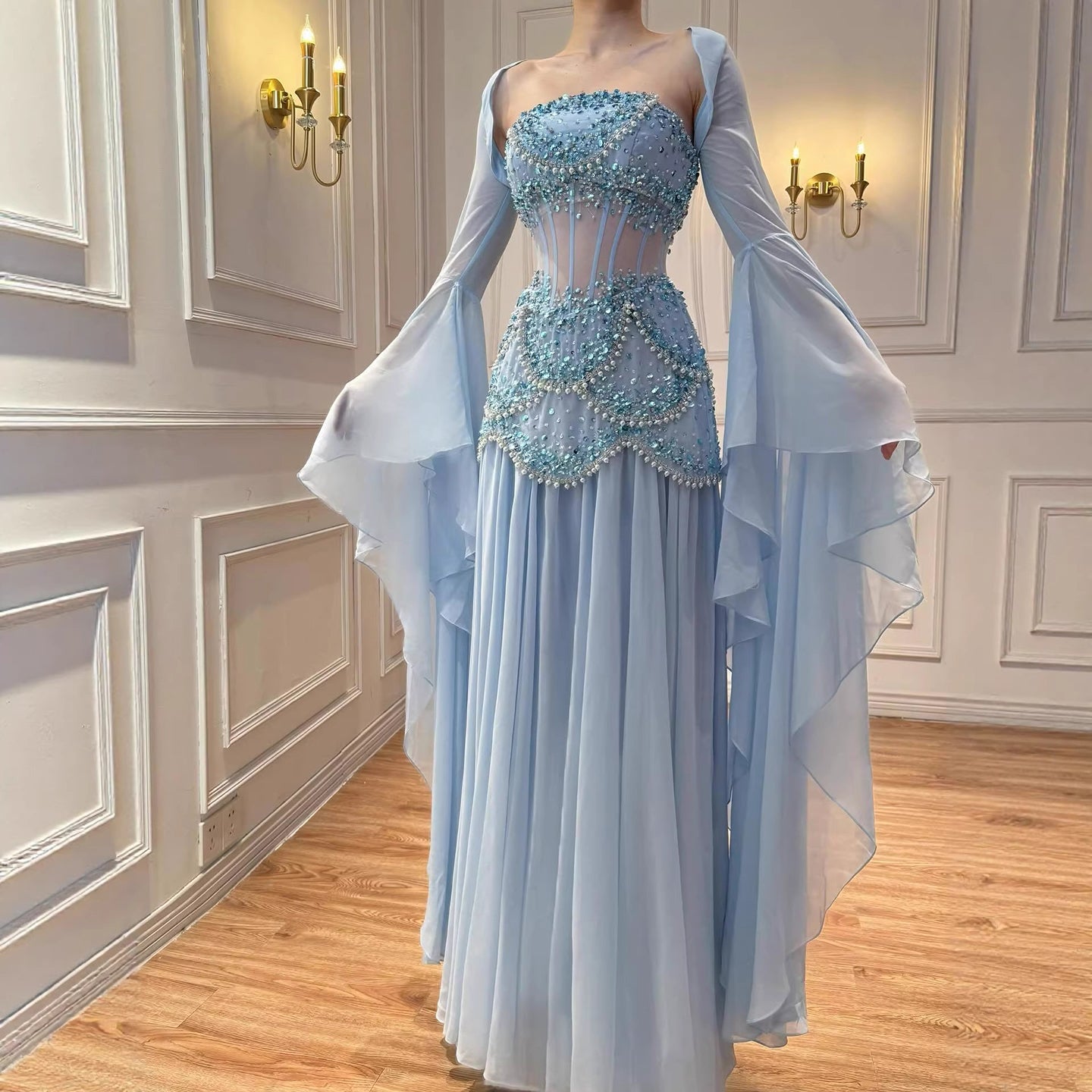 Embellished Corset Evening Gown with Bell Sleeve Jacket