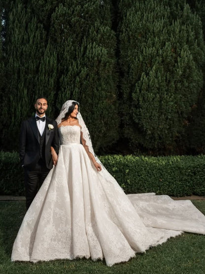Strapless Lace Ball Gown Wedding Dress with Train