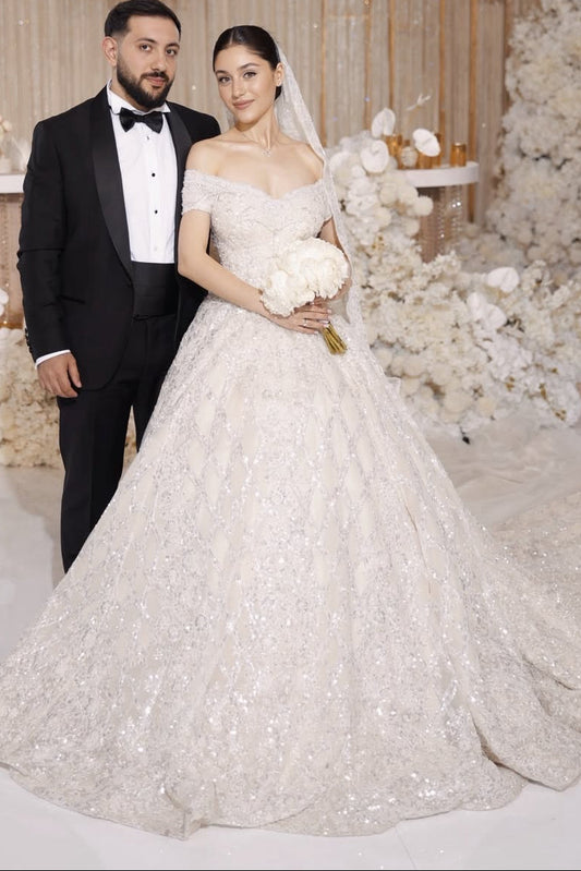 Off-the-Shoulder Sparkly Ball Gown Wedding Dress